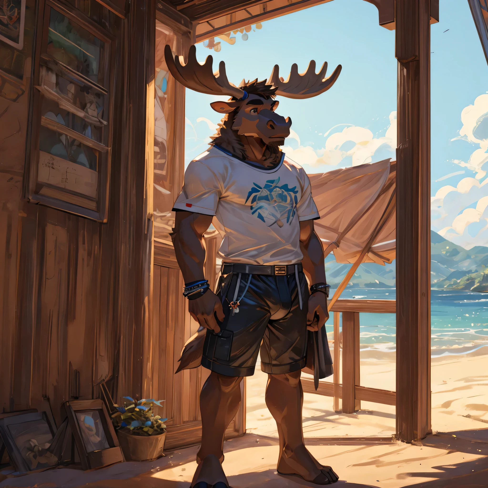 Solo, male, moose, teen, young, tall, lean, full-body view, beach, wearing only shorts and t-shirt, big bulge