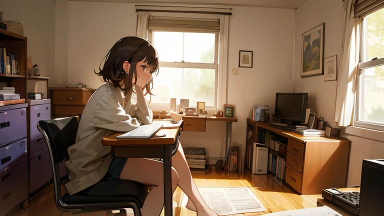 A woman studying while listening to music in her room
