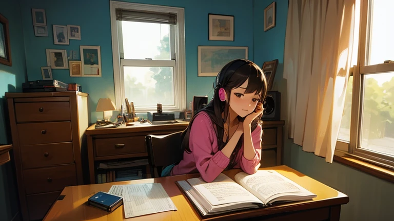 A woman studying while listening to music in her room