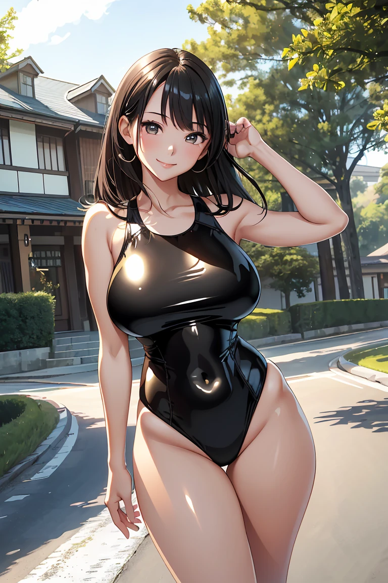 high resolution、Ultra HD、Best Quality、Top quality、Extremely detailed image quality、Realistic woman、A big smile、(1girl:1.8)、(looking straight:1.8), Japanese、Peaceful face、45-year-old woman、Married Woman、Plump body、belly on、Black Hair、long、Shiny skin、Skin that is very shiny after applying oil、High gloss skin、Facing forward、The whole body is reflected、(The road in front of the house:1.6)、walking、Woman wearing(The description of Competition swimwear:1.5), (One piece swimsuit:1.2), (High leg swimsuit:1.2), High leg pantursting huge breasts、Valny skin、radiant skin、Glowing Skin、High gloss skin:1.4)、