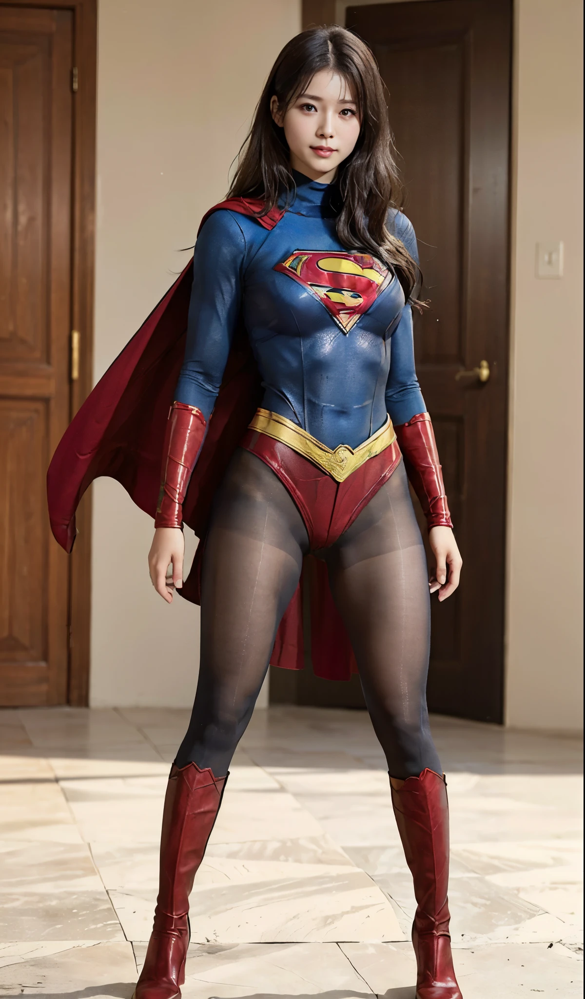 No background、(((Beautiful legs in black tights.)))、(((Legally express the beauty of your smile)))、((((Make the most of your original images)))、(((Supergirl Costume)))、(((Beautiful Hair)))、(((suffering)))、(((Please wear black tights....、Wear red boots)))、((Best image quality、8k))、((highest quality、8k、masterpiece:1.3))、(((Preserve background )))、Sharp focus:1.2、Beautiful woman with perfect figure:1.4、Slim Abs:1.2、Wet body:1.5、Highly detailed face and skin texture、8k