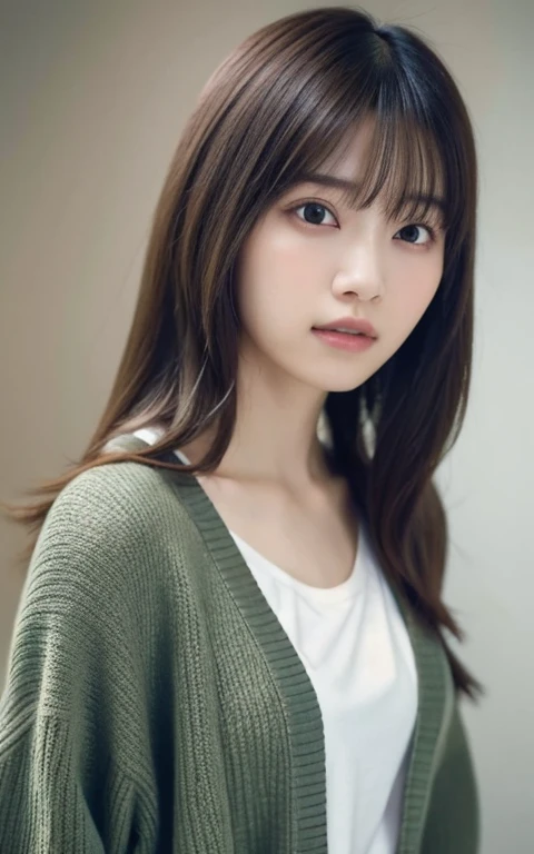 masterpiece, highest quality, 8k, 20th Generation, Large Breasts, cute, alone, sad, cute, Girlish, Delicate girl, Pure beauty, RAW Photos, Professional photography, Portraiture, Soft Light, Professional Lighting, Backlight, Upper Body, avert your eyes, Sophisticated, Film Grain, (Eyes and facial details:1.0), Short floating hair, Beautiful, flowing hair, bangs, T-shirts and cardigans