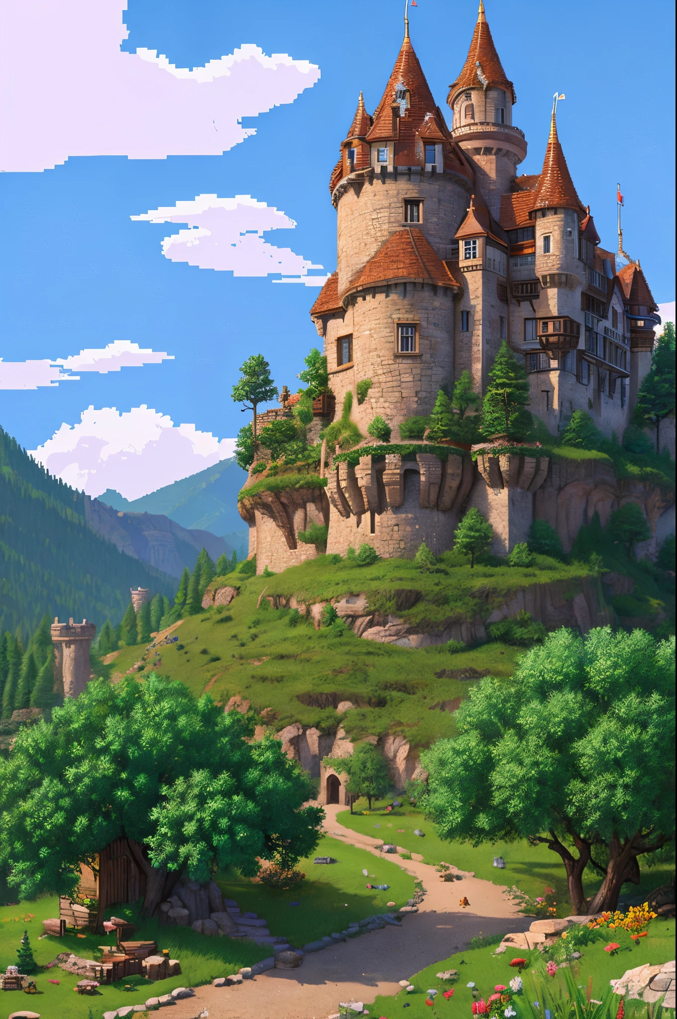 Western-style castle、Pixel art、Deep in the mountains
