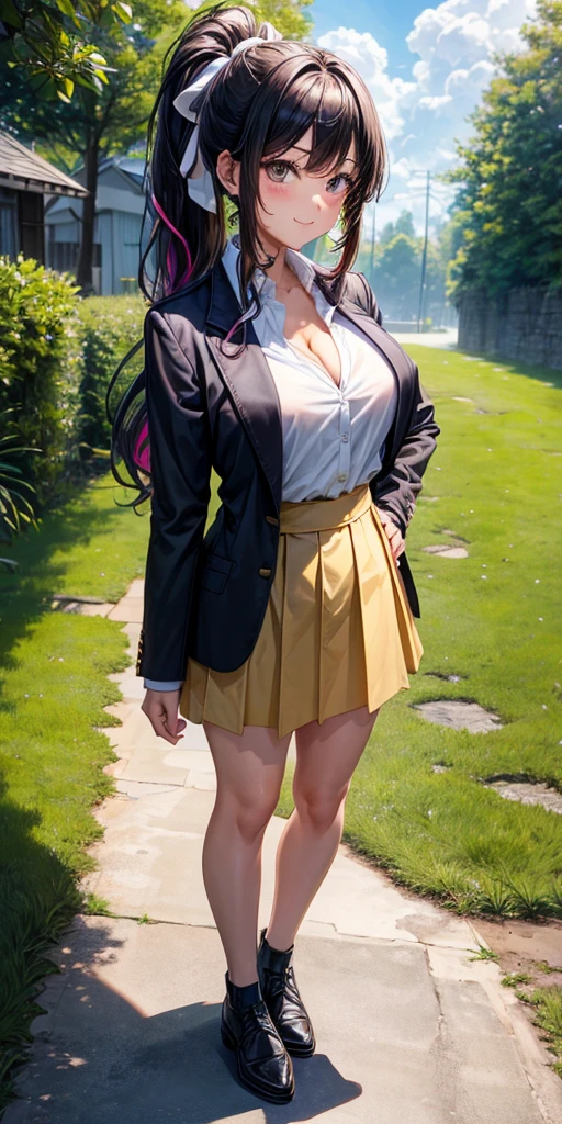 1girl, full body, solo, summer, village, trees, sun, clouds, ((brown hair)), ponytail, large breasts, ((black blazer)), button down shirt, ((white shirt)), ((short sleeved shirt)), ((unbuttoned shirt)), unbuttoning buttons, cleavage 1:3, brown eyes, skirt, smile, looking at the viewer, standing, hair ribbon, golden necklate, shoulder bag
