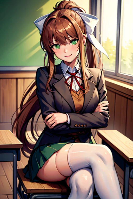 (masterpiece), best quality, expressive eyes, perfect face, highres, 1 girl, solo, ddlcmonika, blunt bangs, brown hair, (green eyes:1.5), long hair, ponytail, ribbon, white ribbon, hair ribbon, sidelocks, black thighhighs, blue skirt, brown jacket, jacket, long sleeves, mary janes, over-kneehighs, pleated skirt, , shoes, skirt, thighhighs, zettai ryouiki, smiling, indoors, classroom background, crossed arms, sitting on chair, (crossed legs:1.2), upper body portrait, looking at the viewer