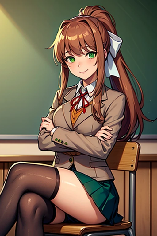 (masterpiece), best quality, expressive eyes, perfect face, highres, 1 girl, solo, ddlcmonika, blunt bangs, brown hair, (green eyes:1.5), long hair, ponytail, ribbon, white ribbon, hair ribbon, sidelocks, black thighhighs, blue skirt, brown jacket, jacket, long sleeves, mary janes, over-kneehighs, pleated skirt, , shoes, skirt, thighhighs, zettai ryouiki, smiling, indoors, classroom background, crossed arms, sitting on chair, (crossed legs:1.2), upper body portrait, looking at the viewer