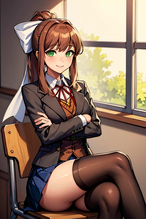 (masterpiece), best quality, expressive eyes, perfect face, highres, 1 girl, solo, ddlcmonika, blunt bangs, brown hair, (green eyes:1.5), long hair, ponytail, ribbon, white ribbon, hair ribbon, sidelocks, black thighhighs, blue skirt, brown jacket, jacket, long sleeves, mary janes, over-kneehighs, pleated skirt, , shoes, skirt, thighhighs, zettai ryouiki, smiling, indoors, classroom background, crossed arms, sitting on chair, (crossed legs:1.2), upper body portrait, looking at the viewer