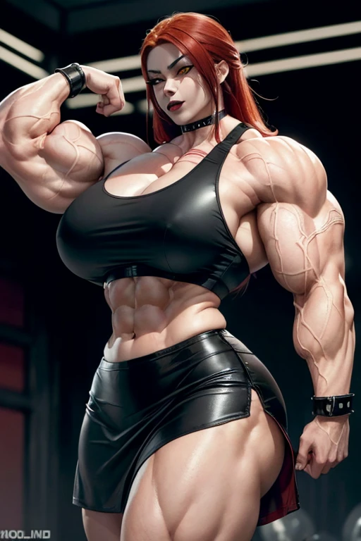 ((((Massive, beautiful, buff, pale white skinned, muscular asian woman with red hair, black lipstick, glowing yellow eyes, ginormous bulky muscles, and wearing a black leather sports bra with loose skirt)))), close view, (massive muscles), massive biceps, hyper muscle triceps, (long hair), yellow eyes, (studded wristband), (loose skirt), high heels boots, in a gothic nightclub, night, smirk, hyper muscles arms, hyper muscle legs, massive arms.