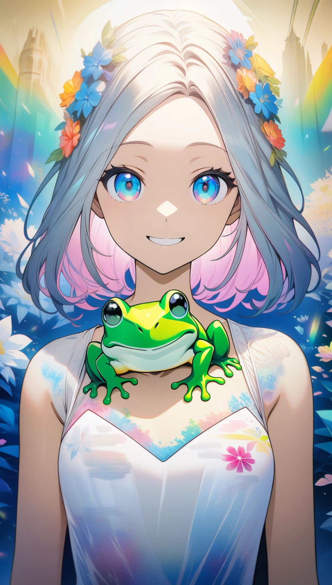 32k, best quality, ultra high res, HDR, UHD, extremely detailed CG, unity 32k wallpaper, **Japanese anime, A picture that looks like it was drawn with Copics,crystal style, crystal clear, woman with frog, under the blue moon, it was meticulously written, picture with elaborate writing, cute woman over smile,Flower, bold and strong line drawing, vivid acrylic painting, vivid thick paint, vivid, plain background, beautiful proof, highest resolution 16K, beautiful anime woman that is betrayeded by a frog, hair is short, Beautiful lightcyan high lights in her beautiful kind eyes, background is twinkle,Beautiful woman with a loose airy bright colorful hair with diamond high lights,Transparent dress, ,thick aquarelle colors,colorful,honeydew and diamond, lightcyan and white and light Effects,wallpaper,architecture,High quality, high image quality, great amount of drawing,pixiv illustration, transparency, Japanese anime,upper body,white tone, delicate brushwork,distinct color,