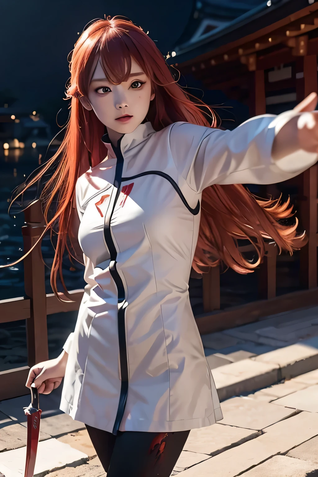 1girl, eris greyrat, red eyes, pretty , angry, fighting style , red head, white clothes, realistic clothes, detail clothes, japan city background, holding a sword, blood splatter, depth of field, night, red light particles, light rays, sid e lighting ,Best Quality, High resolution, extremely detailed , 8K, Highly realistic, Ultra-realistic, photos realistic,
