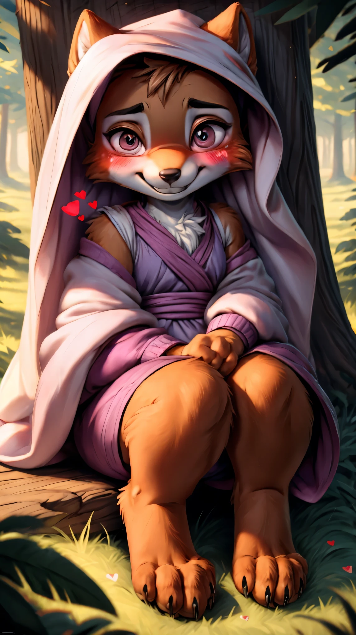 ((((chibi body)))),((((feet visible:1.5)))),(((smile:1.5))),(heart shaped pupils:1.5),(((Very detailed eyes:1.5))),Ultra HD,Ultra HD,(((blush:1.8))),maidmarian,((Beautiful Forest)),furry body,(((sitting))),