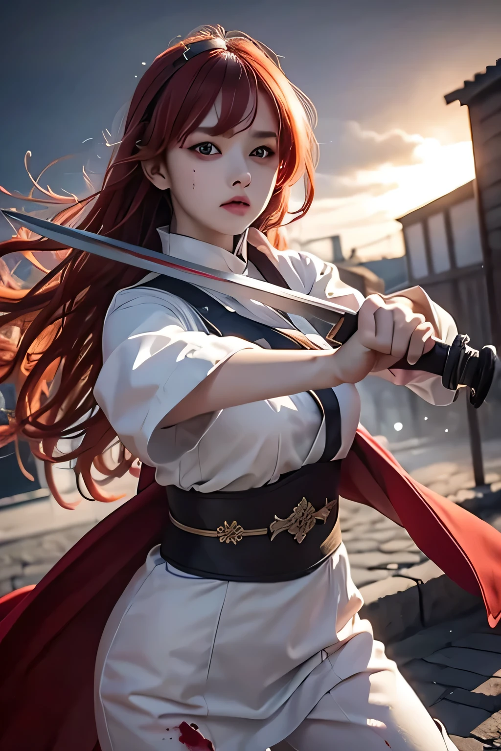 1girl, eris greyrat, red eyes, pretty , angry, fighting style , red head, white clothes, realistic clothes, detail clothes, japan city background, holding a sword, blood splatter, depth of field, night, red light particles, light rays, sid e lighting ,Best Quality, High resolution, extremely detailed , 8K, Highly realistic, Ultra-realistic, photos realistic,
