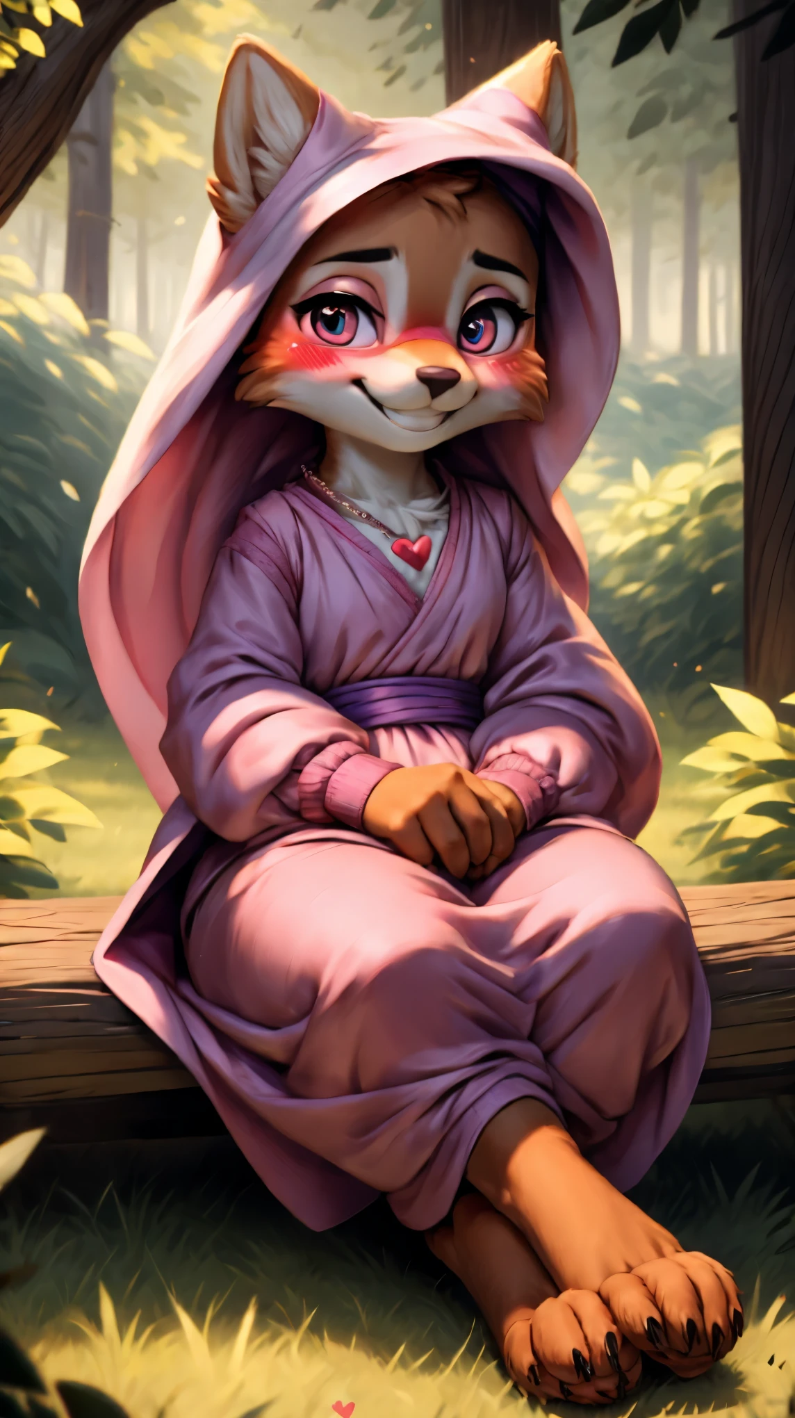 ((((chibi body)))),((((feet visible:1.5)))),(((smile:1.5))),(heart shaped pupils:1.5),(((Very detailed eyes:1.5))),Ultra HD,Ultra HD,(((blush:1.8))),maidmarian,((Beautiful Forest)),furry body,(((sitting))),((Lending a helping hand))