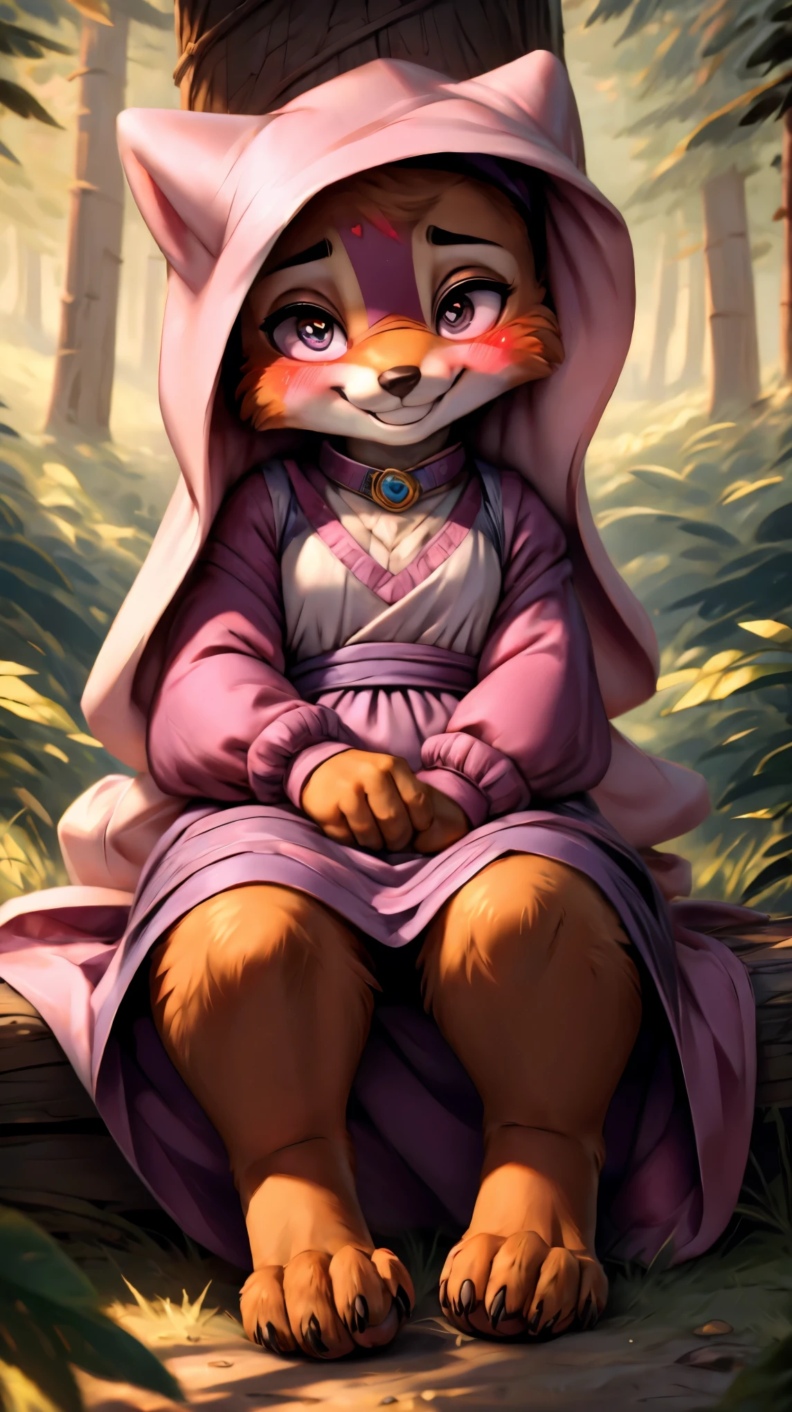 ((((chibi body)))),((((feet visible:1.5)))),(((smile:1.5))),(heart shaped pupils:1.5),(((Very detailed eyes:1.5))),Ultra HD,Ultra HD,(((blush:1.8))),maidmarian,((Beautiful Forest)),furry body,(((sitting))),((Lending a helping hand))