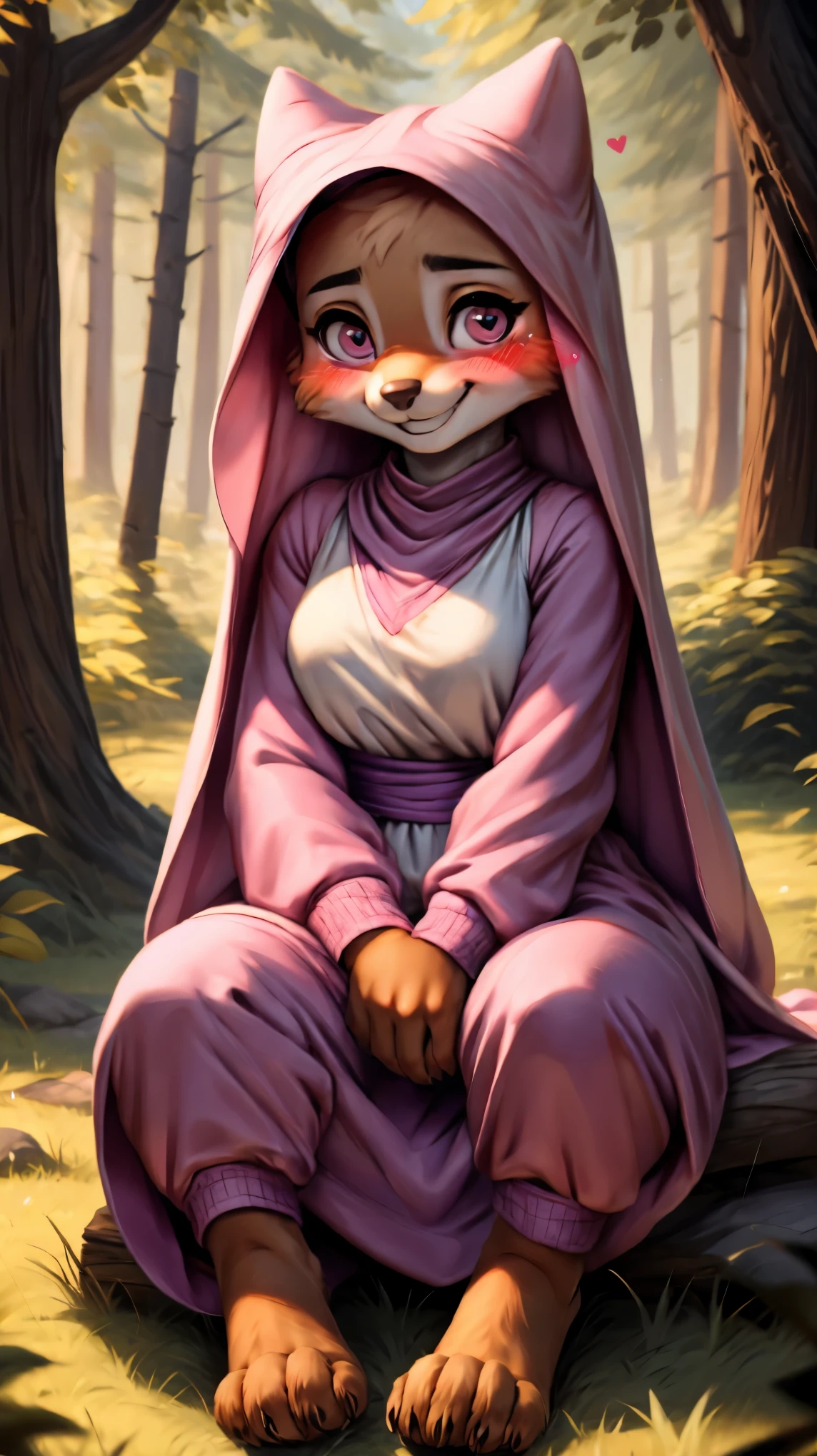 ((((chibi body)))),((((feet visible:1.5)))),(((smile:1.5))),(heart shaped pupils:1.5),(((Very detailed eyes:1.5))),Ultra HD,Ultra HD,(((blush:1.8))),maidmarian,((Beautiful Forest)),furry body,(((sitting))),((Lending a helping hand))