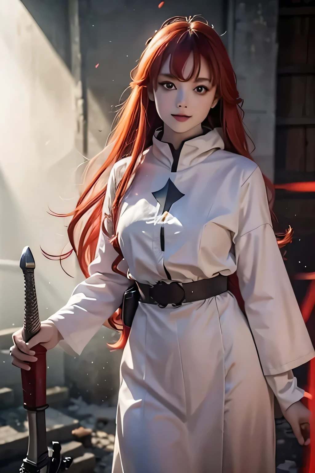 1girl, eris greyrat, red eyes, pretty , smile, red head, white clothes, realistic clothes, detail clothes,  holding a sword, blood splatter, depth of field, night, red light particles, light rays, sid e lighting ,Best Quality, High resolution, extremely detailed , 8K, Highly realistic, Ultra-realistic, photos realistic,
