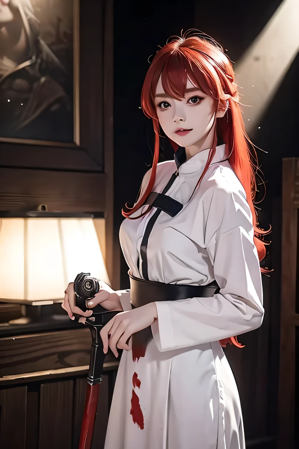 1girl, eris greyrat, red eyes, pretty , smile, red head, white clothes, realistic clothes, detail clothes,  holding a sword, blood splatter, depth of field, night, red light particles, light rays, sid e lighting ,Best Quality, High resolution, extremely detailed , 8K, Highly realistic, Ultra-realistic, photos realistic,
