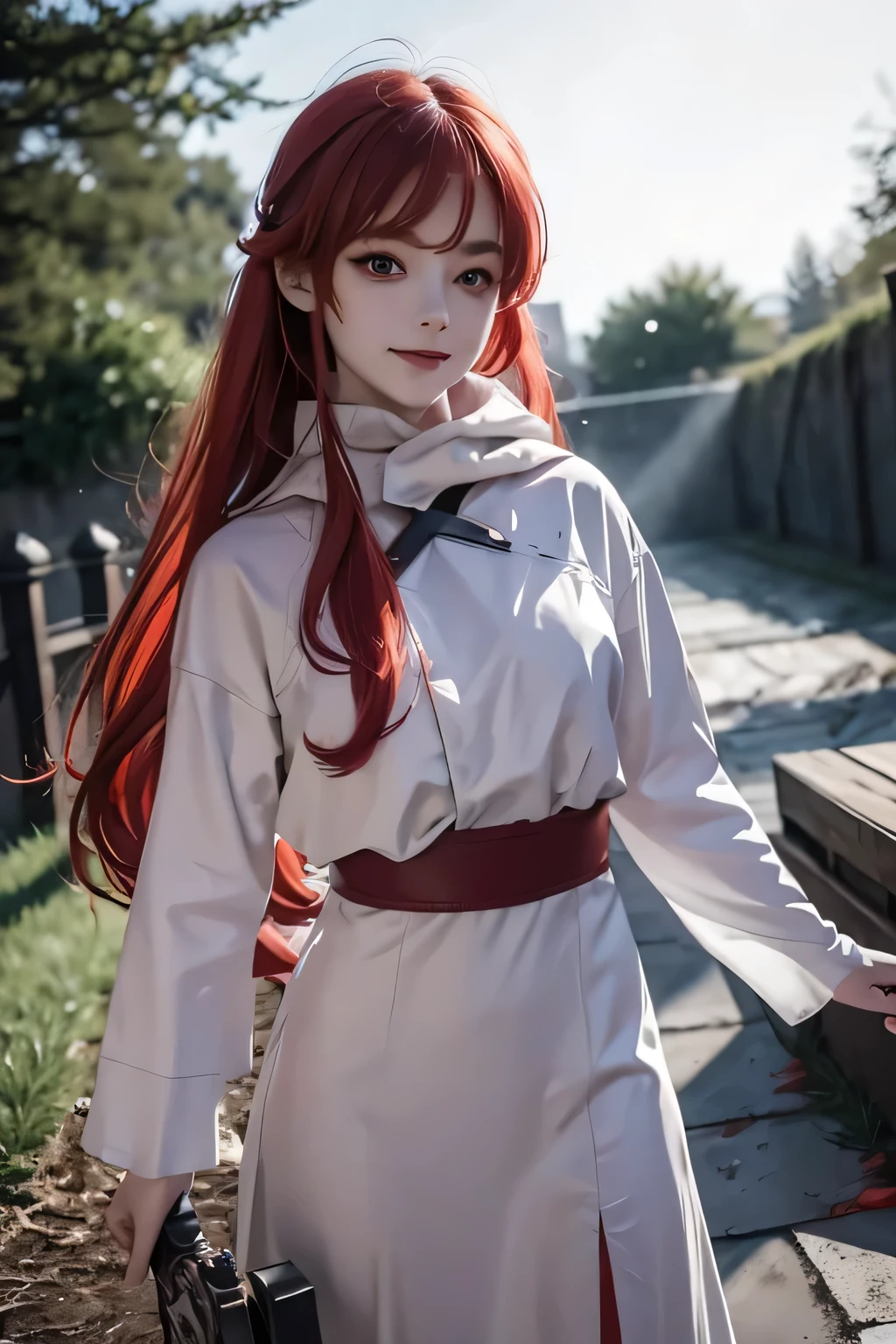 1girl, eris greyrat, red eyes, pretty , smile, red head, white clothes, realistic clothes, detail clothes,  holding a sword, blood splatter, depth of field, night, red light particles, light rays, sid e lighting ,Best Quality, High resolution, extremely detailed , 8K, Highly realistic, Ultra-realistic, photos realistic,
