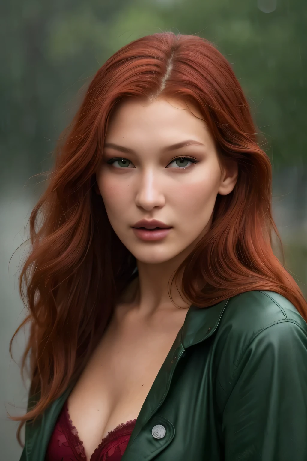 A captivating image of Bella Hadid (1.1): A long-red-haired girl with a beautiful, detailed face and striking green eyes. The photograph is ultra-realistic and high-resolution, showcasing every intricate feature on her face with photorealistic accuracy. The concept artists have expertly captured the vivid colors of her deep red hair, which seemed to shimmer in the rainy weather. The long strands clung to her face, framing it perfectly. Bella looked introspective, her gaze fixed on the viewer. The rainy backdrop added an element of mystery to the photograph, with fashionable rain clothing visible underneath her slick red raincoat.