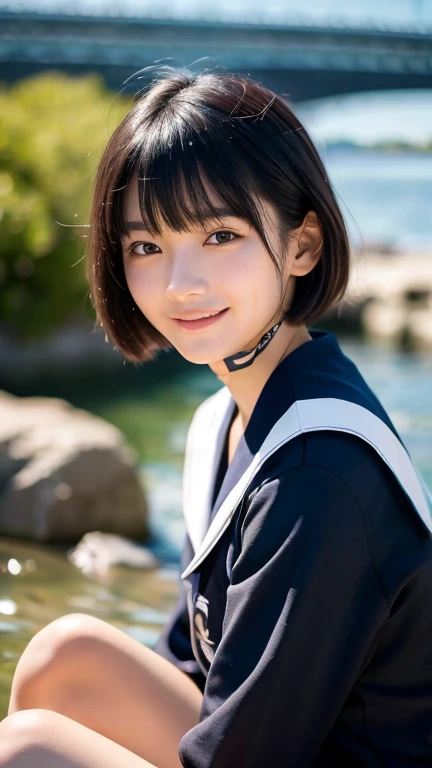 (highest quality,masterpiece:1.3,Ultra-high resolution),(Very detailed,Caustics,16k),(Realistic:1.4,RAW shooting),Ultra-Realistic Capture,Human skin close-up,Natural skin texture,The pores are detailed enough to be easily identified,Healthy Skin and Even Tone,Use natural light and color,18-year-old,Japanese,cute,Black short hair,I'm looking at the camera with a smile on my face,(Sailor suit),Sit together'knees,Big Breasts,Waist up shot,(Face Focus:1.3),(Face close-up:1.3),(Low position:1.3),(Low Angle:1.4),sun,Lens flare,blue sky,