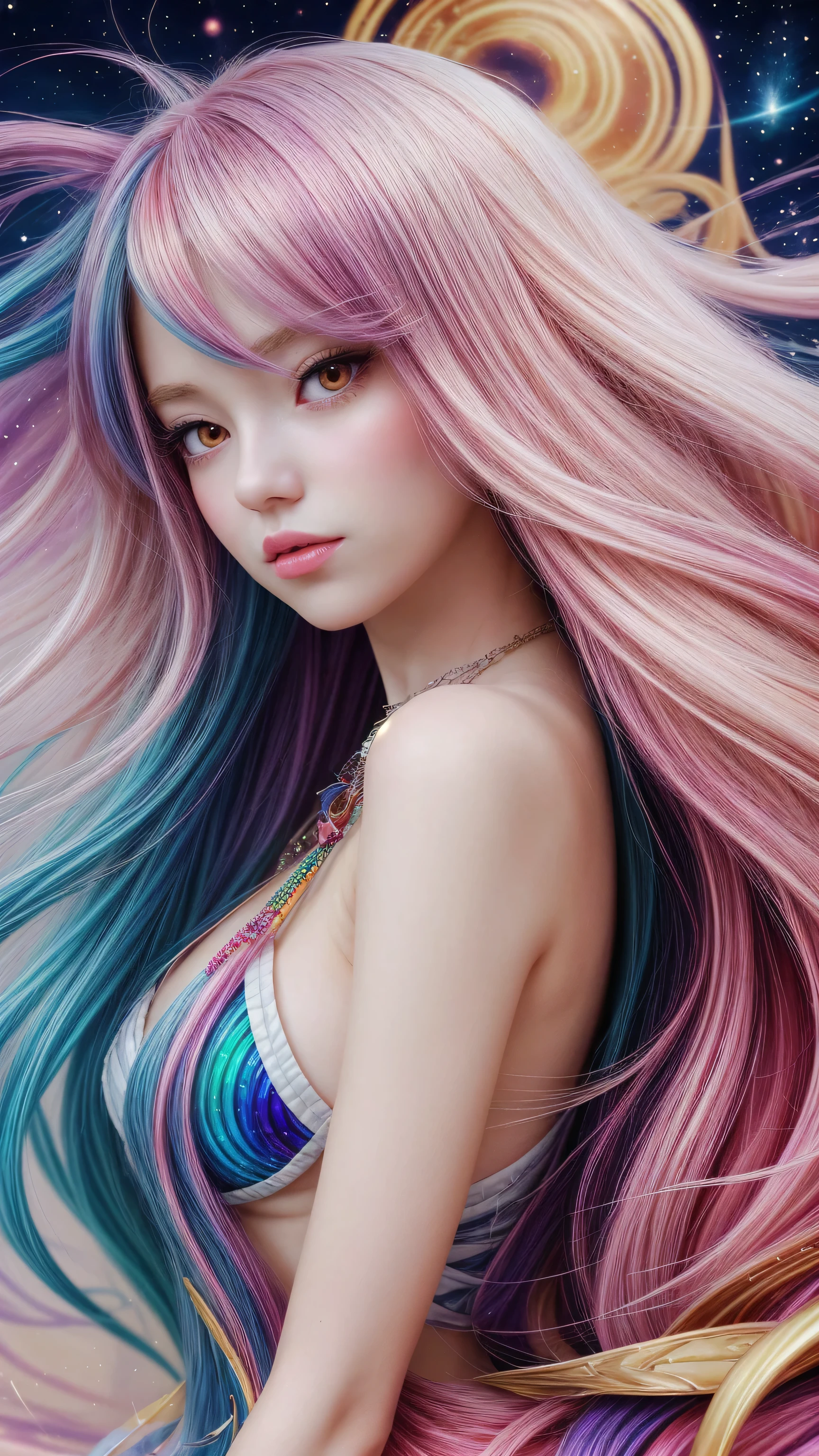 Close-up of a woman with rich and colorful hair and necklace, Anime girl with cosmic long hair, The soft vibrancy of Rossdraws, Gurvez style artwork, Fantasy art style, rich and colorful], Vibrant fantasy style, Rossdraws Vibrant cartoons, cosmic and rich and colorful, guweiz, rich and colorful digital fantasy art, Stunning art style, Beautiful anime style, White skin, delicate