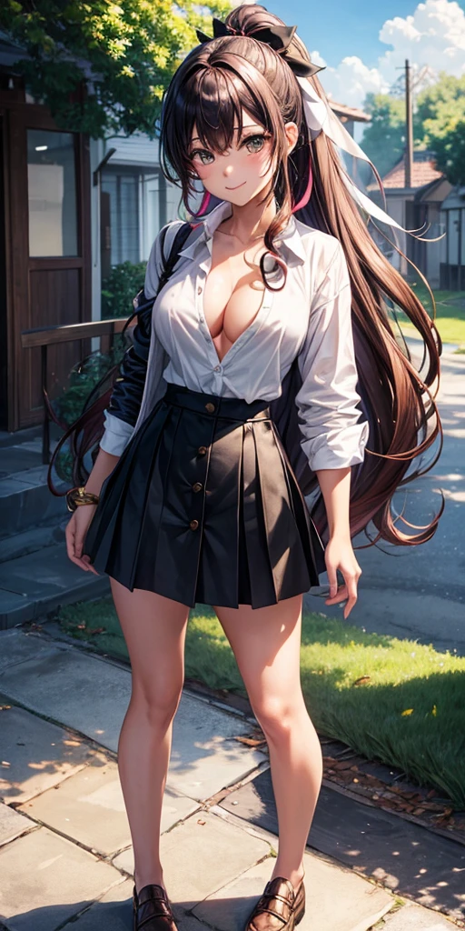 1girl, full body, solo, summer, village, trees, sun, clouds, ((colorful hair)), long hair, curly hair, ponytail, large breasts, ((black blazer)), button down shirt, ((white shirt)), ((short sleeved shirt)), ((unbuttoned shirt)), unbuttoning buttons, cleavage 1:3, brown eyes, skirt, smile, looking at the viewer, standing, hair ribbon, golden necklate