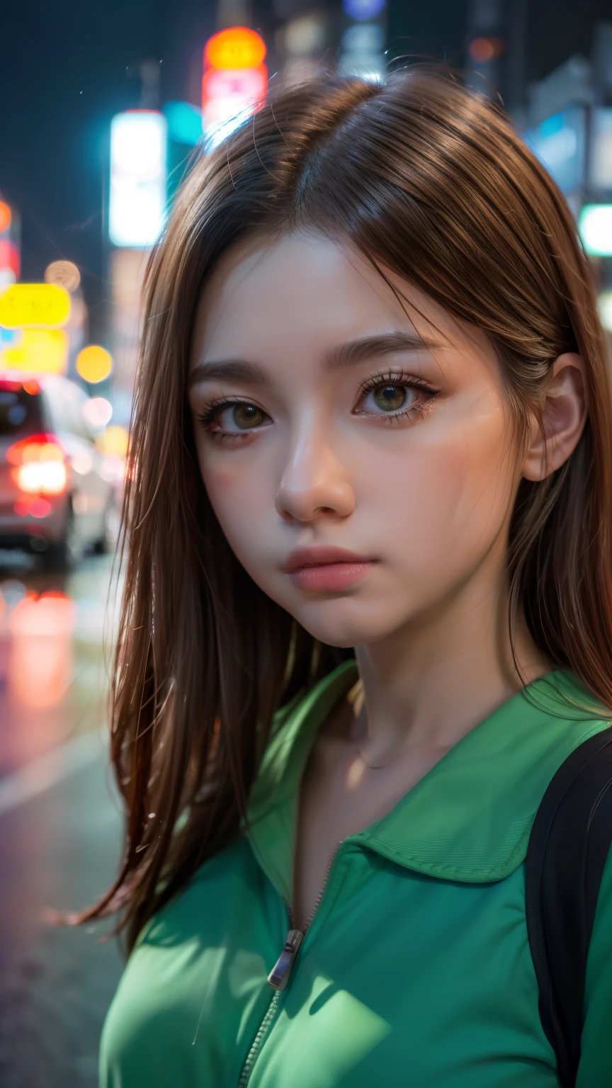 A woman standing on a busy street in Tokyo, Traffic jam on a rainy night, masterpiece, RAW Photos, Depth of written boundary, Bokeh, (Front light:1.2), (Backlight:0.75), (Fill Light:0.9), neon, chromatic aberration, (Lens flare:1.2), 8k, Genuine, green,(head shot:1.5)