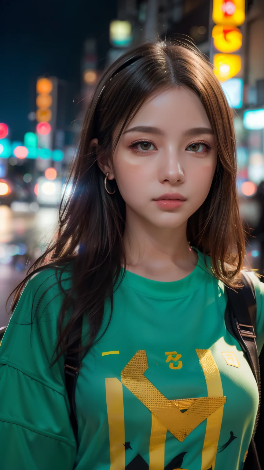 A woman standing on a busy street in Tokyo, Traffic jam on a rainy night, masterpiece, RAW Photos, Depth of written boundary, Bokeh, (Front light:1.2), (Backlight:0.75), (Fill Light:0.9), neon, chromatic aberration, (Lens flare:1.2), 8k, Genuine, green,(head shot:1.5)