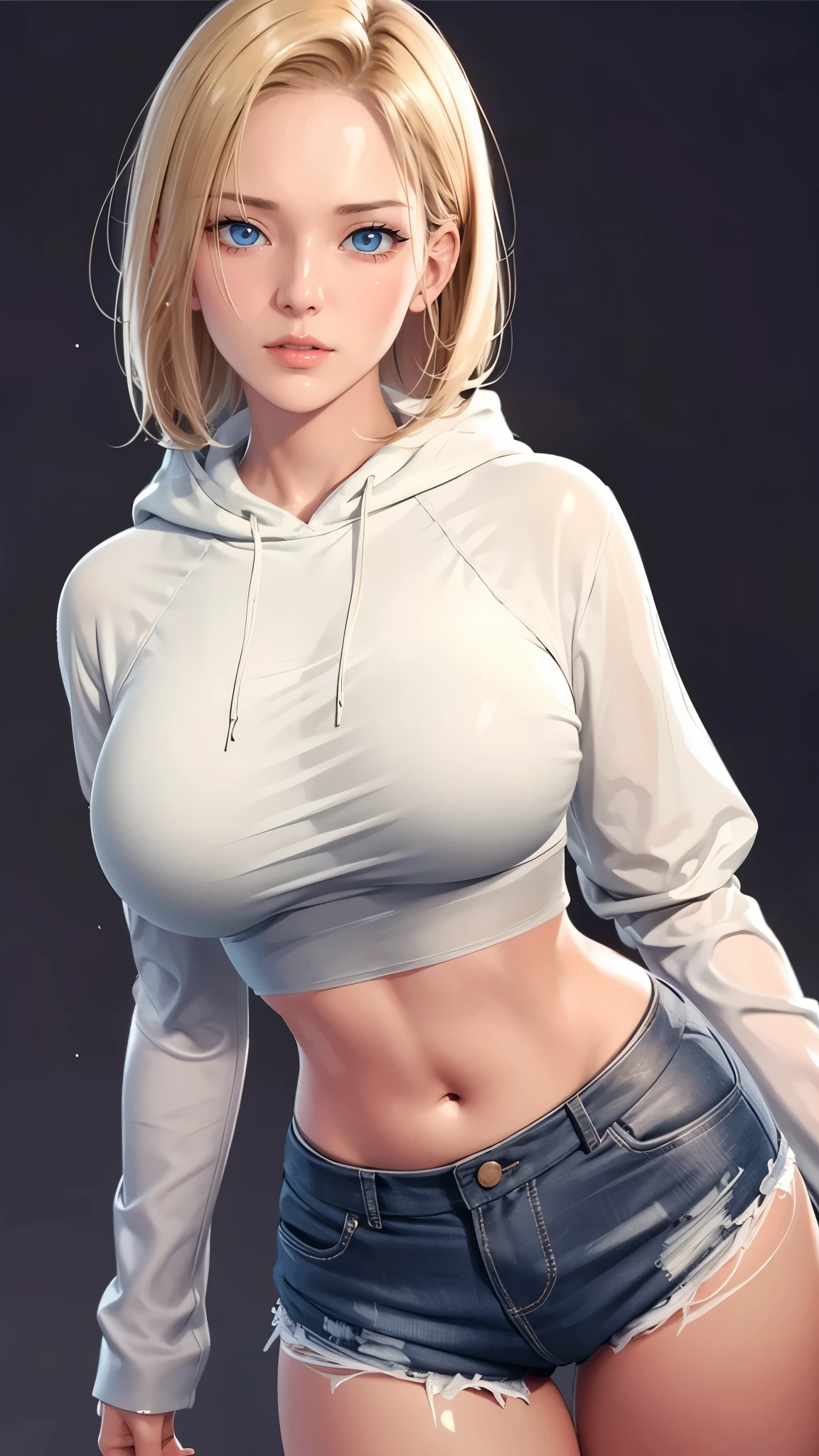 （（（完美figure，figure，solo， （（（ss，hoodie，hood, shorts, navel,hood down,））），（（（and18, android 18, blonde hair, blue eyes, short hair, ））），((masterpiece)),high resolution, ((Best quality at best))，masterpiece，quality，Best quality，（（（ Exquisite facial features，Looking at the audience,There is light in the eyes，(（（angry，serious））)，））），型figure:1.7））），（（（Light and shadow，Huge breasts））），（（（Looking at the camera，black background，）））