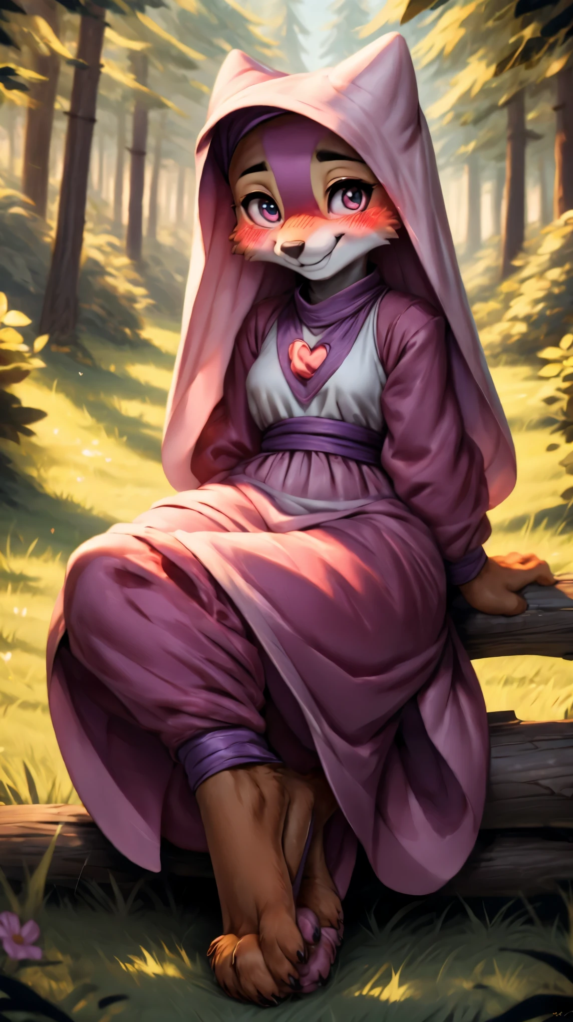 ((((chibi body)))),((((feet visible:1.5)))),(((smile:1.5))),(heart shaped pupils:1.5),(((Very detailed eyes:1.5))),Ultra HD,Ultra HD,(((blush:1.8))),maidmarian,((Beautiful Forest)),furry body,(((sitting))),((((anime))))