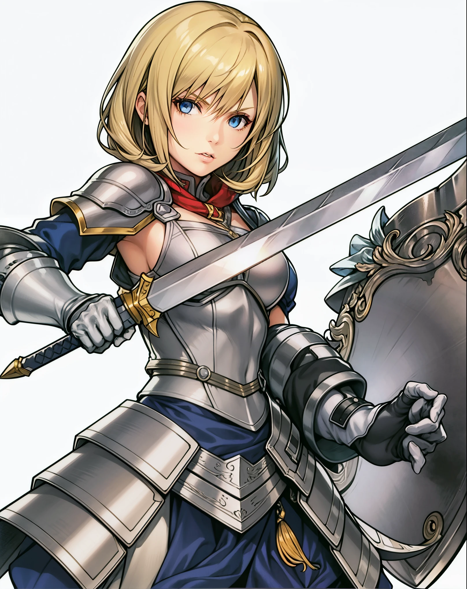 1girl, blue eyes, sword, shield