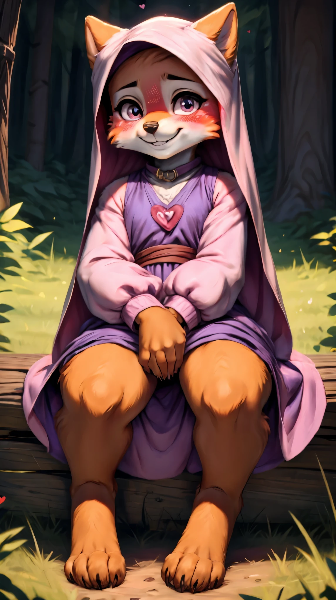 ((((chibi body)))),((((feet visible:1.5)))),(((smile:1.5))),(heart shaped pupils:1.5),(((Very detailed eyes:1.5))),Ultra HD,Ultra HD,(((blush:1.8))),maidmarian,((Beautiful Forest)),furry body,(((sitting))),((((anime))))