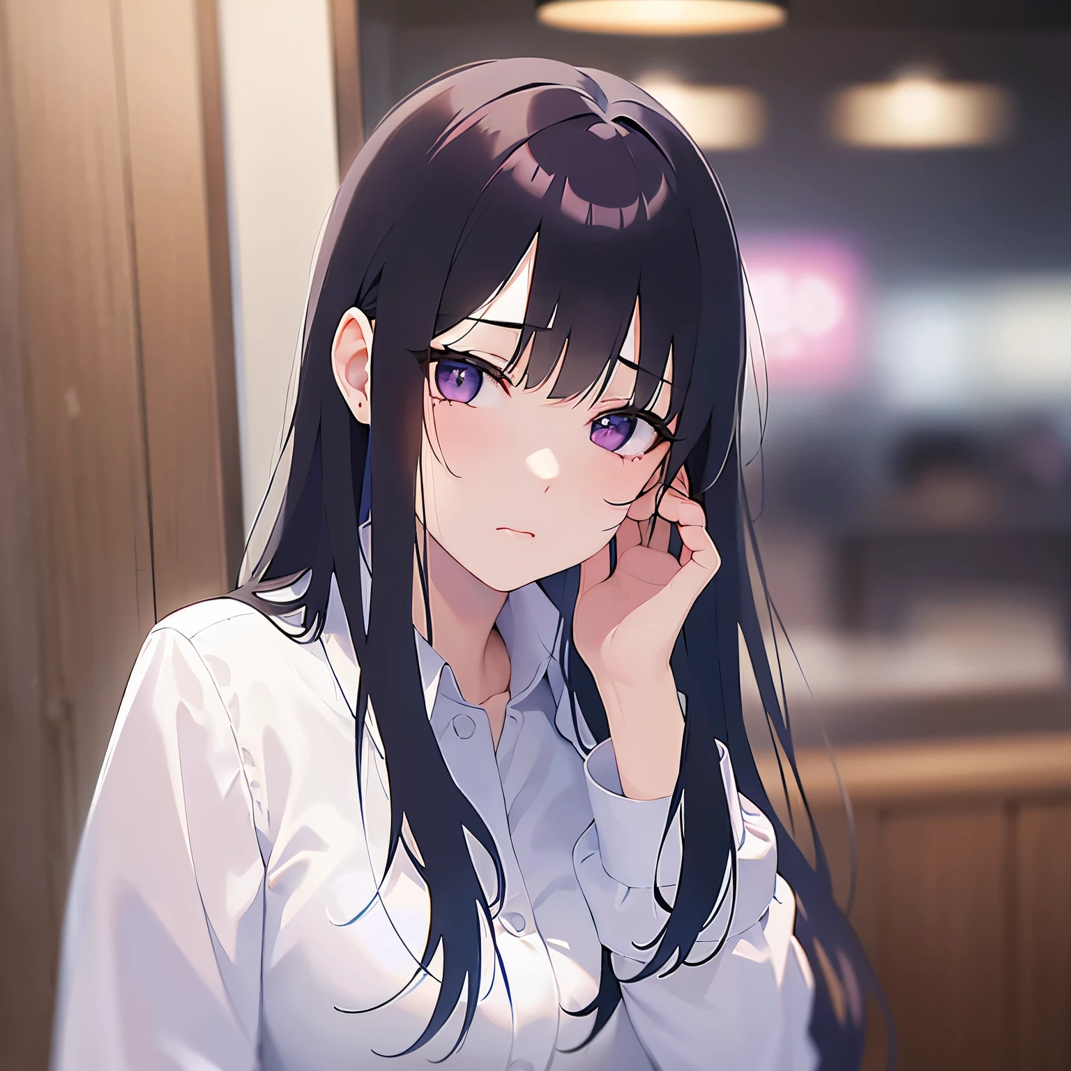 Placing hand on cheek, Upper Body, Realistic, real person, (pale skin: 1.2), RAW photo, photorealistic, portrait photography, shiny skin, shiny hair、(A 25-year-old woman with straight hair and bangs) and (medium hair) and (black hair) and (purple eyes) , (white collared shirt:1.5) and (long sleeve)、(sad:1.5), tears, The background is the interior of a restaurant at night.、Alone、Are standing
