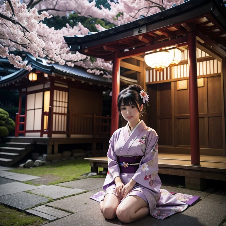 japanese girl, purple eyes, realistic, short kimono, floral clothes, siting down, full body, night time, japanese shrine background, full moon, cherry blossoms