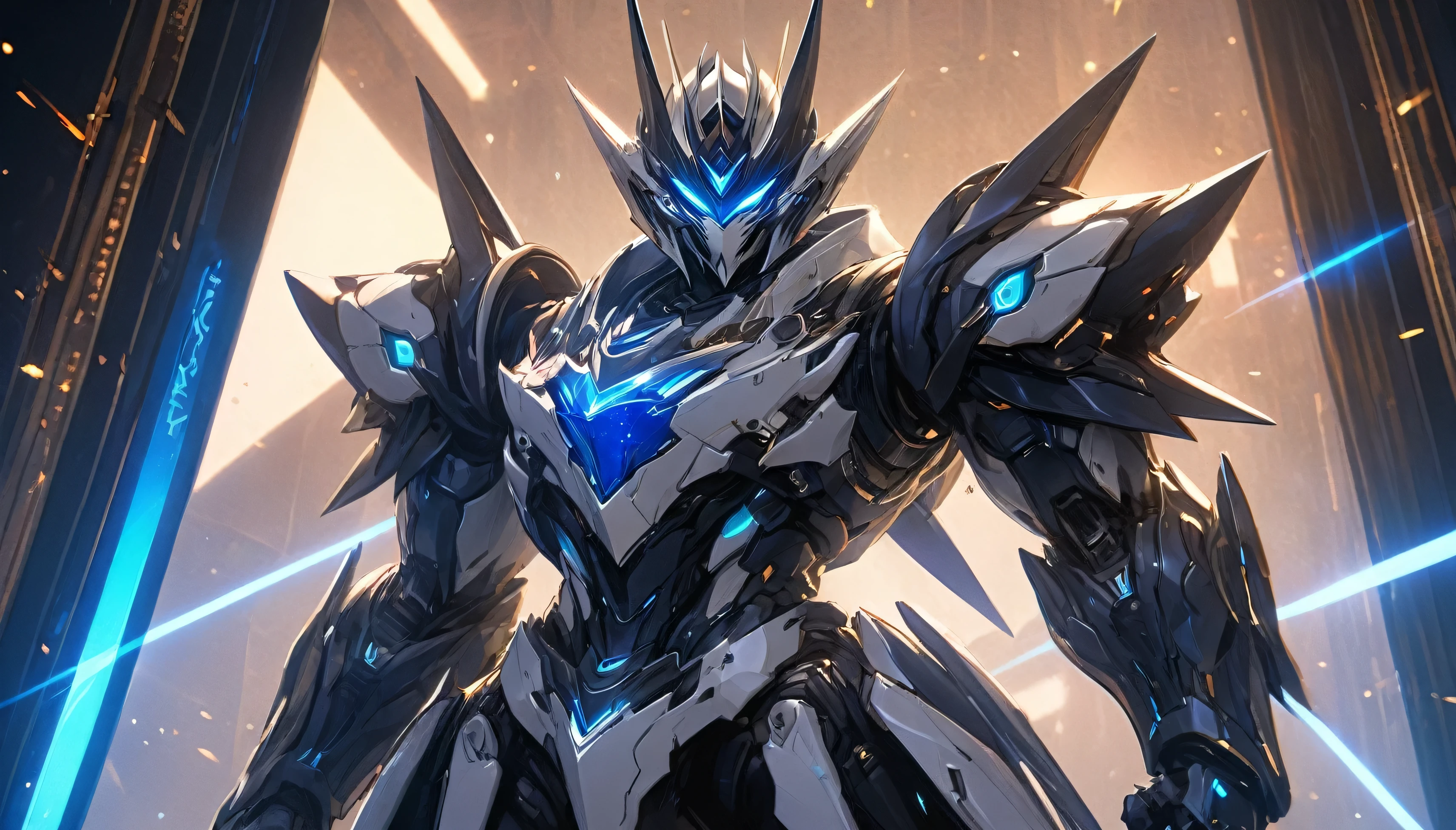 (masterpiece), (best quality), (super-detailed), (UHD), futuristic, space pirate, (mecha pirate:1.2) warrior, with (dual laser cutlasses:1.5), complex highly detailed armor, black, silver, and blue armor, jolly roger emblem, (evil robot blackbeard:1.2), (standing straight:1.52), (legs slightly bent:1.3), (holding his swords out to his sides:1.51), (in front of an all-white background:1.4), epic anime concept art by Yoji Shinkawa and a hint of Jim Lee from the X-Men in the '90s.(ray tracing), (rule of thirds), HDR, textured, cinematic lighting, over-the-shoulder shot, medium wide lense, full body shot, (facing the viewer), sci-fi concept art, Unreal Engine 5, Blender