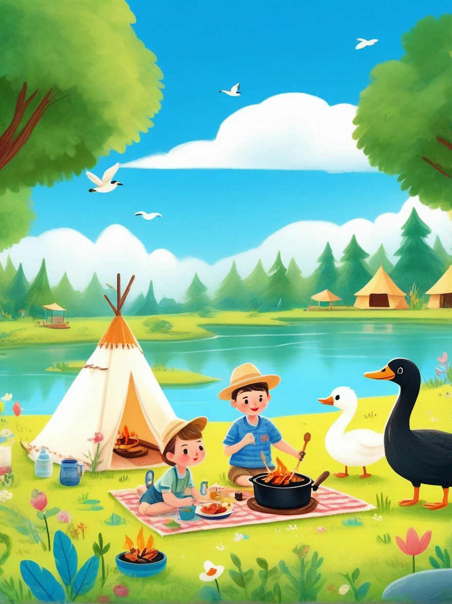 A cute boy and girl，Tented camp，Spring Outing，lake，Natural Scenes，barbecue，Blue sky natural background，swan，Wide Angle，Clay Materials，Clean background，Natural light，Light and shadow，Very high detail with rim light，Intricate details，Medium shooting，8k，hand ，illustration