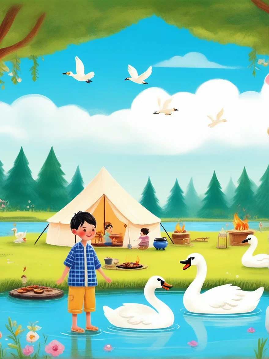 A cute boy and girl，Tented camp，Spring Outing，lake，Natural Scenes，barbecue，Blue sky natural background，swan，Wide Angle，Clay Materials，Clean background，Natural light，Light and shadow，Very high detail with rim light，Intricate details，Medium shooting，8k，hand ，illustration