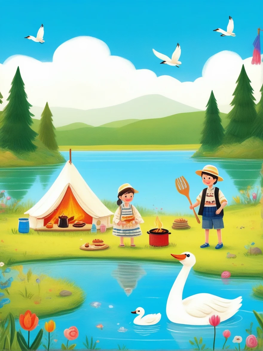 A cute boy and girl，Tented camp，Spring Outing，lake，Natural Scenes，barbecue，Blue sky natural background，swan，Wide Angle，Clay Materials，Clean background，Natural light，Light and shadow，Very high detail with rim light，Intricate details，Medium shooting，8k，hand ，illustration