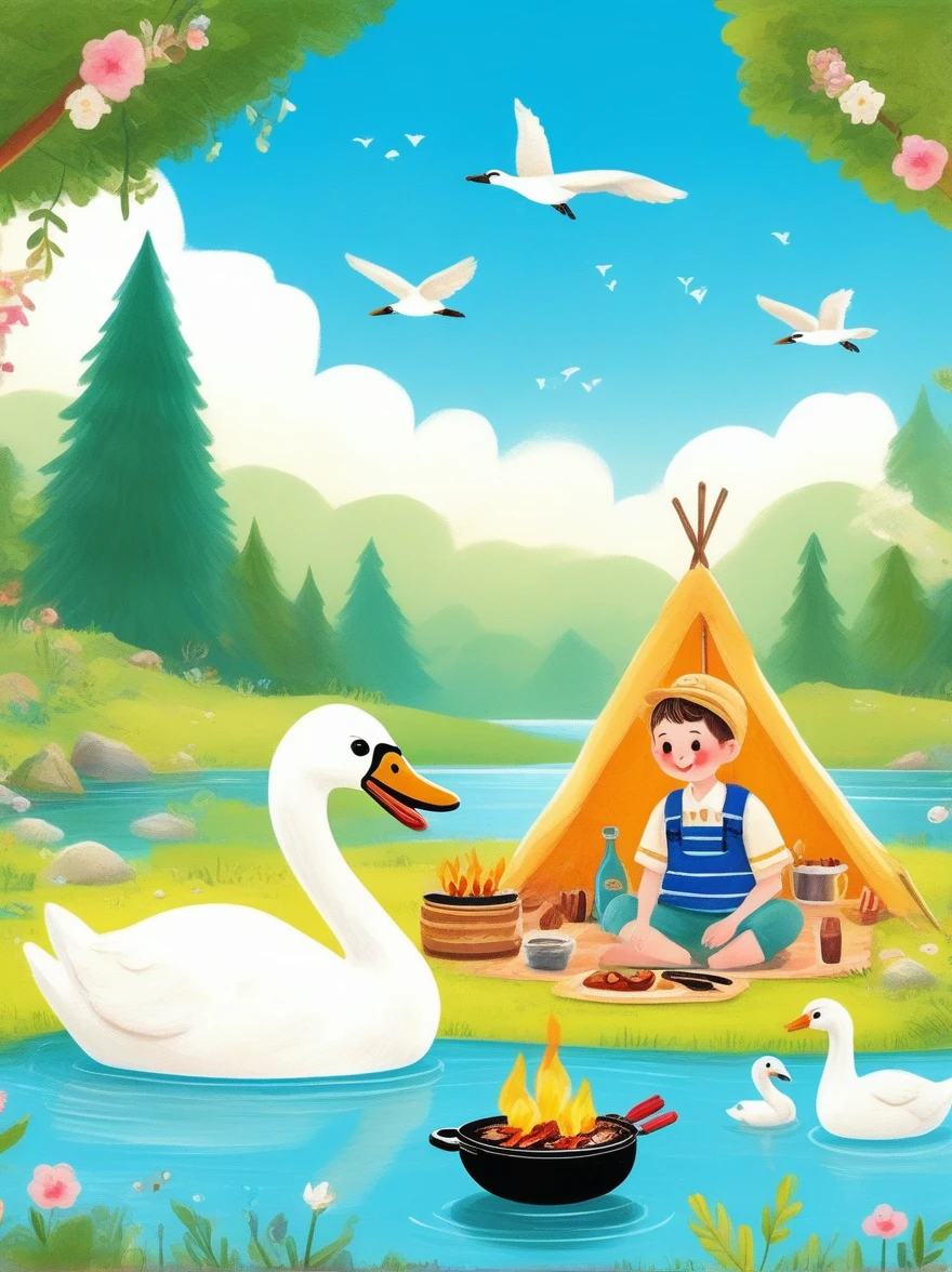 A cute boy and girl,Tented camp,Spring Outing,lake,Natural Scenes,barbecue,Blue sky natural background,swan,Wide Angle,Clay Materials,Clean background,Natural light,Light and shadow,Very high detail with rim light,Intricate details,Medium shooting,8k,hand ,illustration