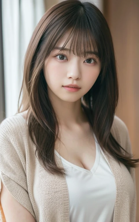 masterpiece, highest quality, 8k, 20th Generation, Large Breasts, cute, alone, sad, cute, Girlish, Delicate girl, Pure beauty, RAW Photos, Professional photography, Portraiture, Soft Light, Professional Lighting, Backlight, Upper Body, avert your eyes, Sophisticated, Film Grain, (Eyes and facial details:1.0), Short floating hair, Beautiful, flowing hair, bangs, T-shirts and cardigans、(Large Breasts:1.u can see a little cleavage