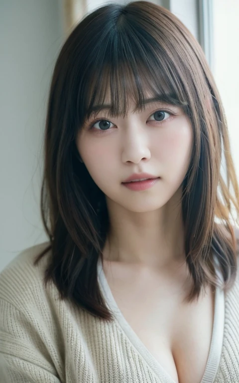 masterpiece, highest quality, 8k, 20th Generation, Large Breasts, cute, alone, sad, cute, Girlish, Delicate girl, Pure beauty, RAW Photos, Professional photography, Portraiture, Soft Light, Professional Lighting, Backlight, Upper Body, avert your eyes, Sophisticated, Film Grain, (Eyes and facial details:1.0), Short floating hair, Beautiful, flowing hair, bangs, T-shirts and cardigans、(Large Breasts:1.2)、You can see a little cleavage