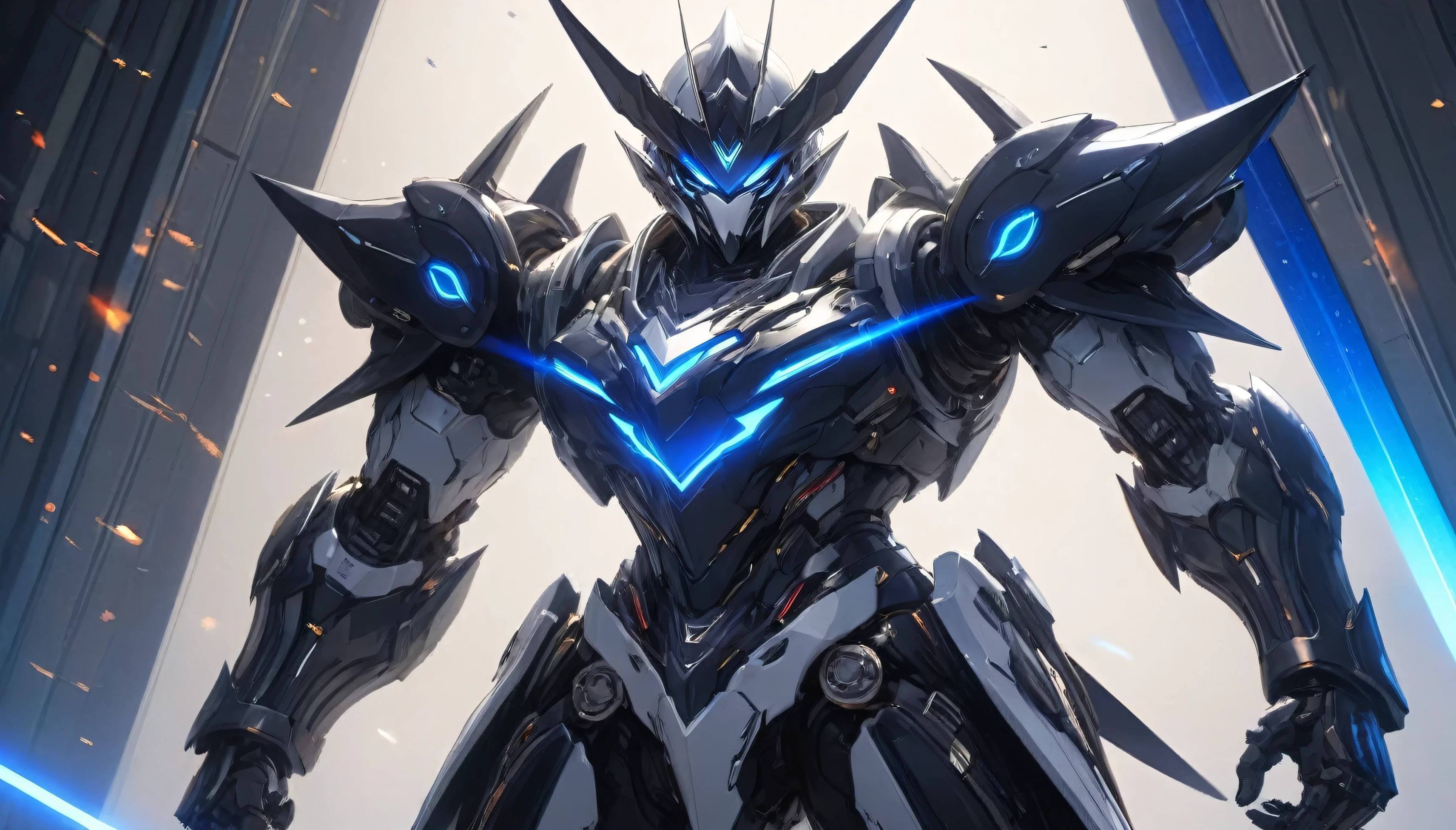 (masterpiece), (best quality), (super-detailed), (UHD), futuristic, space pirate, (mecha pirate:1.2) warrior, with (dual laser cutlasses:1.5), complex highly detailed armor, black, silver, and blue armor, jolly roger emblem, (evil robot blackbeard:1.2), (standing straight:1.52), (legs slightly bent:1.3), (holding his swords out to his sides:1.51), (in front of an all-white background:1.4), epic anime concept art by Yoji Shinkawa and a hint of Jim Lee from the X-Men in the '90s.(ray tracing), (rule of thirds), HDR, textured, cinematic lighting, over-the-shoulder shot, medium wide lense, full body shot, (facing the viewer), sci-fi concept art, Unreal Engine 5, Blender