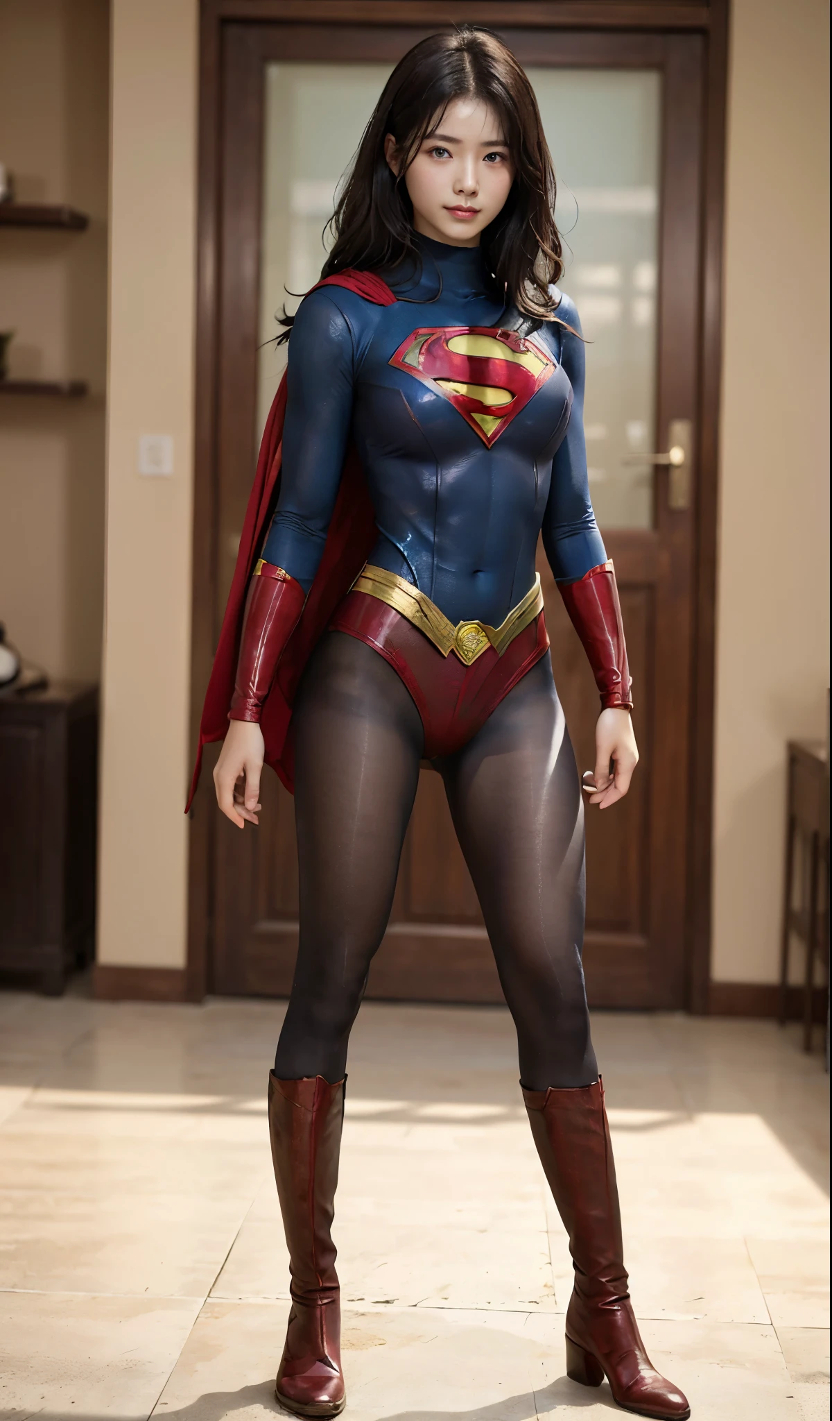 No background、(((Beautiful legs in black tights.)))、(((Legally express the beauty of your smile)))、((((Make the most of your original images)))、(((Supergirl Costume)))、(((Beautiful Hair)))、(((suffering)))、(((Please wear black tights....、Wear red boots)))、((Best image quality、8k))、((highest quality、8k、masterpiece:1.3))、(((Preserve background )))、Sharp focus:1.2、Beautiful woman with perfect figure:1.4、Slim Abs:1.2、Wet body:1.5、Highly detailed face and skin texture、8k