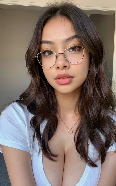 1 woman looks like jennie from blackpink with glasses, Long wavy hair, dark brown eyes, very large breasts, looks like a teacher  40b breasts, biting her lips, sensual