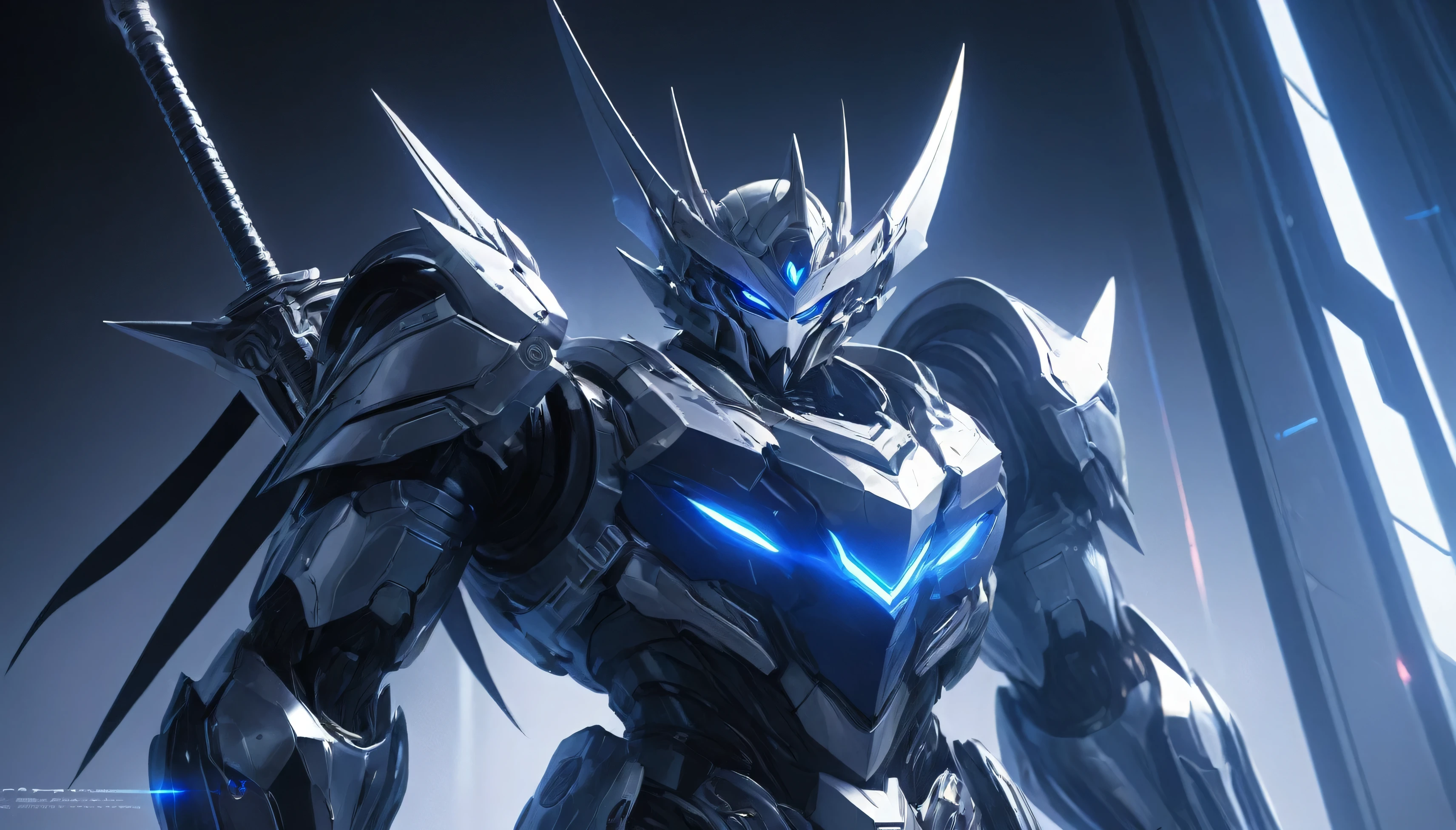 (masterpiece), (best quality), (super-detailed), (UHD), futuristic, space pirate, (mecha pirate:1.2) warrior, with (dual laser cutlasses:1.5), complex highly detailed armor, black, silver, and blue armor, jolly roger emblem, (evil robot blackbeard:1.2), (standing straight:1.52), (legs slightly bent:1.3), (holding his swords out to his sides:1.51), (in front of an all-white background:1.4), epic anime concept art by Yoji Shinkawa and a hint of Jim Lee from the X-Men in the '90s.(ray tracing), (rule of thirds), HDR, textured, cinematic lighting, over-the-shoulder shot, medium wide lense, full body shot, (facing the viewer), sci-fi concept art, Unreal Engine 5, Blender