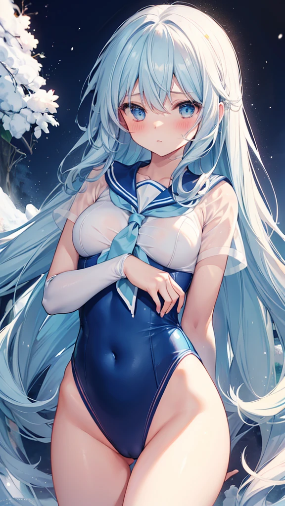 Light blue　Long Hair　in addition　Magical girl　Sailor　leotard　beautiful girl　thin　Embarrassing　blush　erotic　Sexual action　light blue　Long Hair　Lori　Magical girl　Sailor　leotard　beautiful girl　slender　Snow Mountain　blush　cold　Trembling　Embrace the body　Punched in the groin　Being subjected to violence