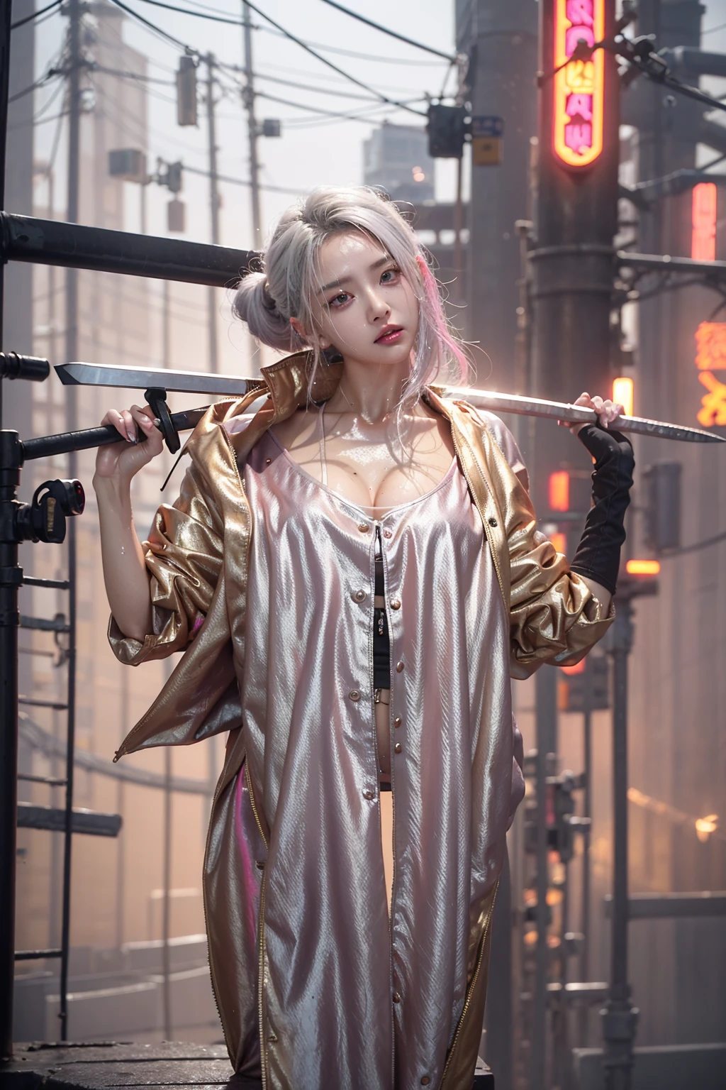 highest quality、surreal、perfect anatomy、Wet and shiny white skin、model body shape、Sweat dripping all over the body、Super small face、Ahegao、Cleavage、Cyberpunk City、Monotone urban tech wear、Pink, black, silver and golden hair、Japanese sword、