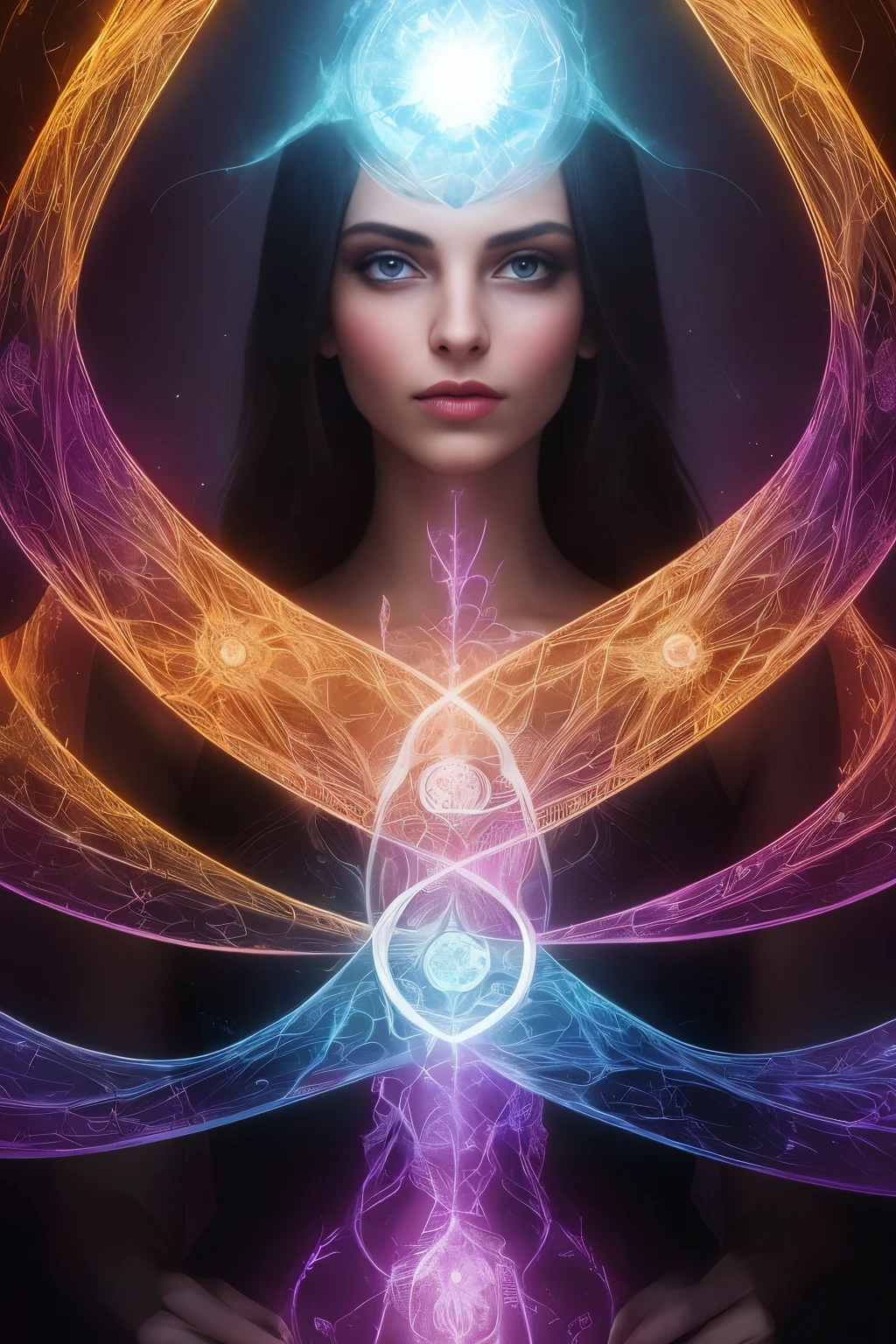 a woman enveloped in tendrils of luminous orange fog, her form obscured yet tantalizing, piercing eyes shine through the haze, ethereal beauty contrasted with darkness, intricate patterns emerge from the mist, reminiscent of ancient symbols, a blend of mystique and elegance, Broken Glass effect, no background, stunning, something that even doesn't exist, mythical being, energy, molecular, textures, iridescent and luminescent scales, breathtaking beauty, pure perfection, divine presence, unforgettable, impressive, breathtaking beauty, Volumetric light, auras, rays, vivid colors reflects