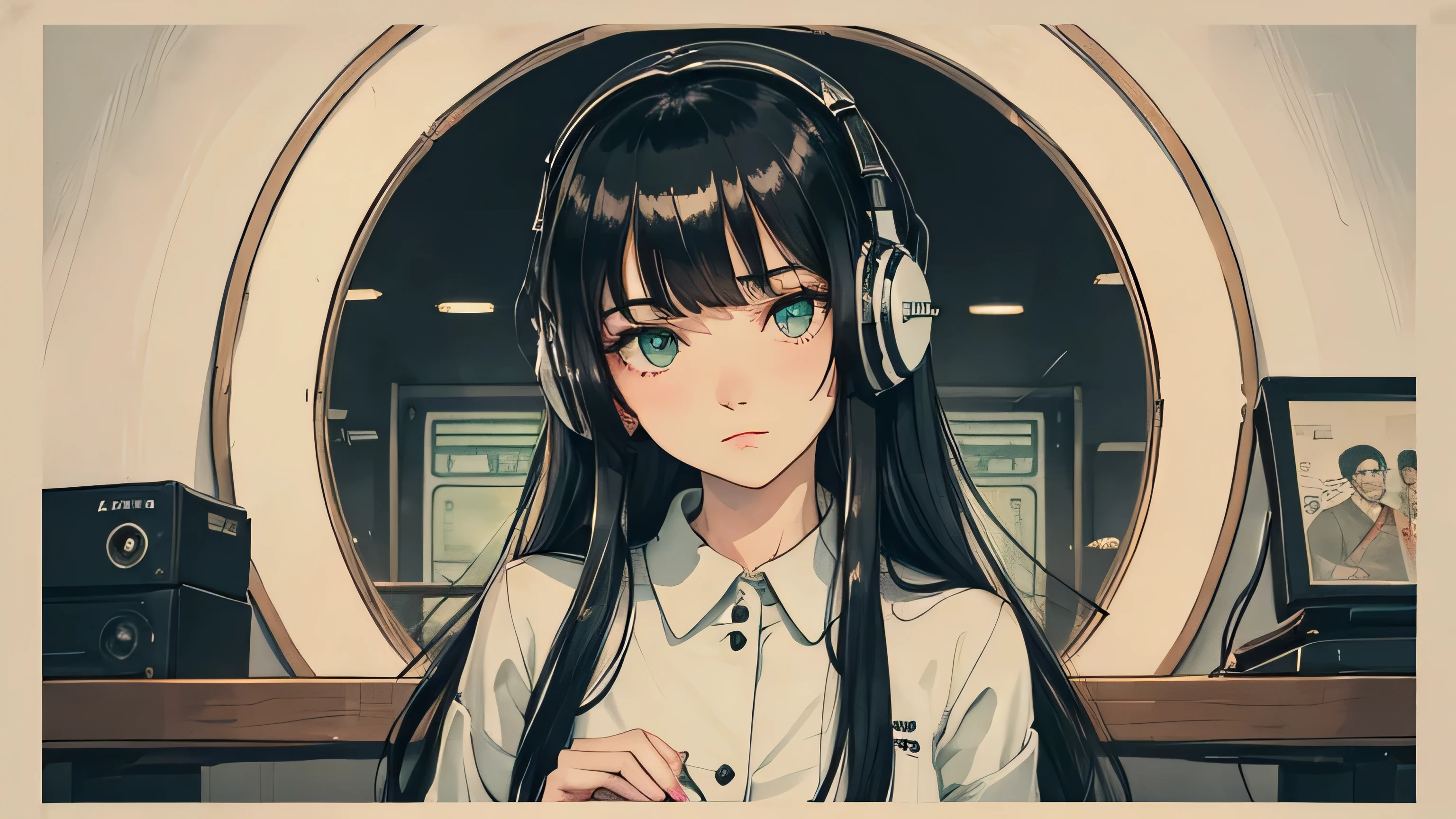 A single woman with beautiful green eyes and intricate details, shiny black hair with straight bangs, visible from head to toe with the "Relaxed Lofi Music" title logo centered on the screen, positioned on the right side, wearing headphones while hosting a radio broadcast, dressed casually with a focused gaze, with a window, an old-fashioned news style, a Soviet poster, adolescent, in the style of the Soviet Union