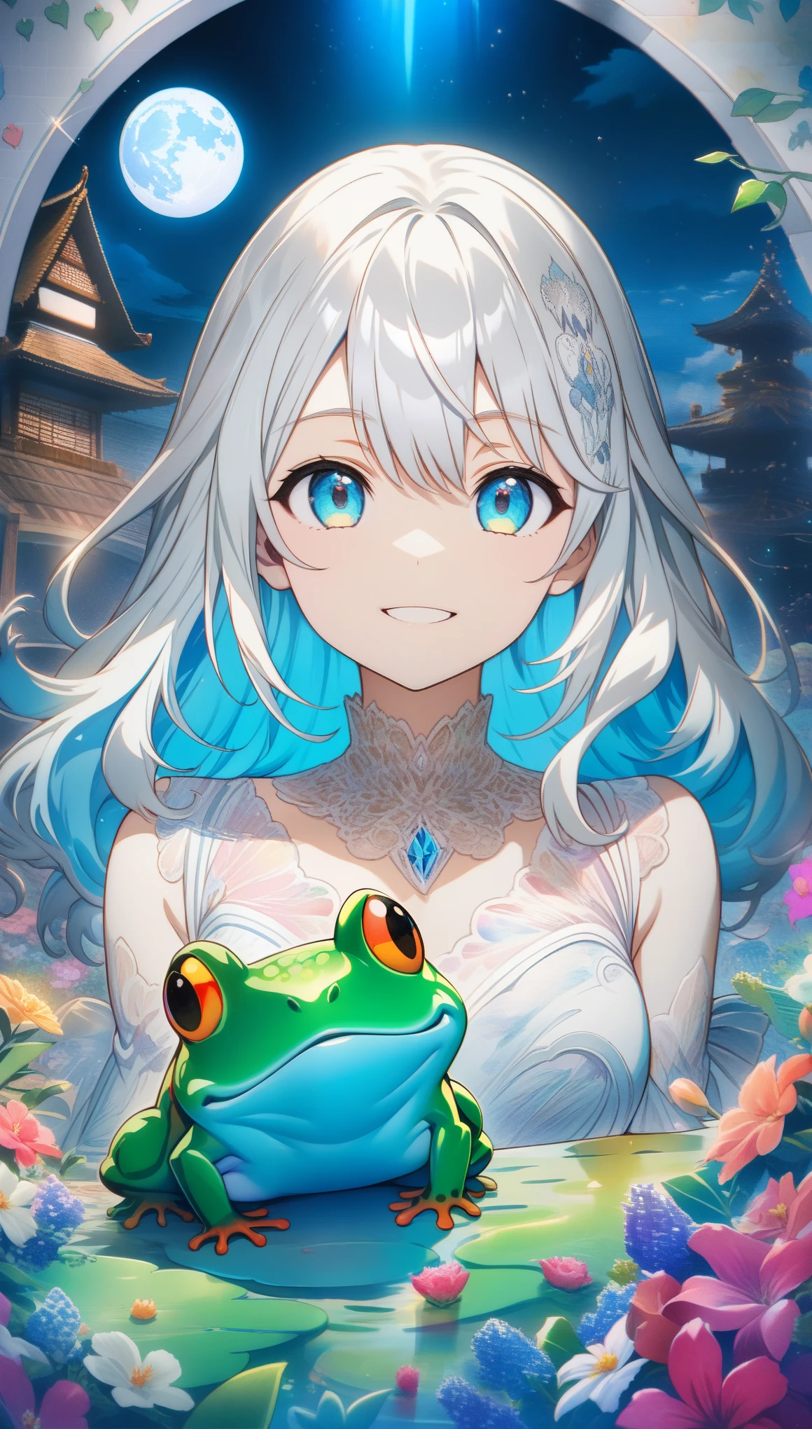 32k, best quality, ultra high res, HDR, UHD, extremely detailed CG, unity 32k wallpaper, **Japanese anime, A picture that looks like it was drawn with Copics,crystal style, crystal clear, woman with frog, under the blue moon, it was meticulously written, picture with elaborate writing, cute woman over smile,Flower, bold and strong line drawing, vivid acrylic painting, vivid thick paint, vivid, plain background, beautiful proof, highest resolution 16K, beautiful anime woman that is betrayeded by a frog, hair is short,  Beautiful lightcyan high lights in her beautiful kind eyes, background is twinkle,Beautiful woman with a loose airy bright colorful hair with diamond high lights,Transparent dress, ,thick aquarelle colors,colorful,honeydew and diamond, lightcyan and white and light Effects,wallpaper,architecture,High quality, high image quality, great amount of drawing,pixiv illustration, transparency, Japanese anime,upper body,white tone, delicate brushwork,distinct color, Smile without showing your teeth,
